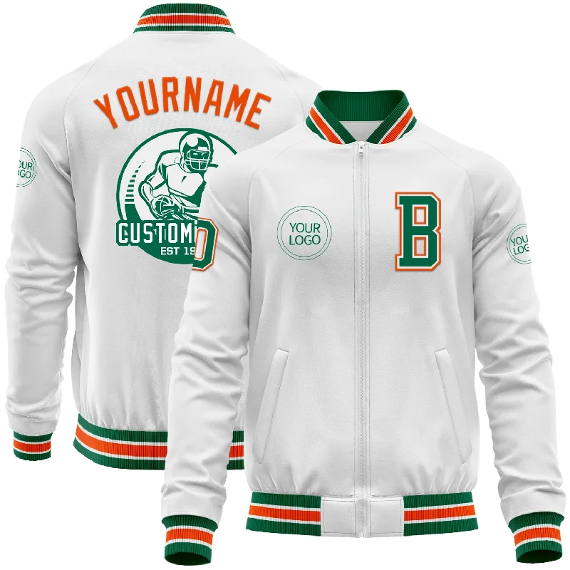 Premium Denim Jacket for Timeless Fashion-Custom White Kelly Green-Orange Bomber Varsity Letterman Zipper Jacket