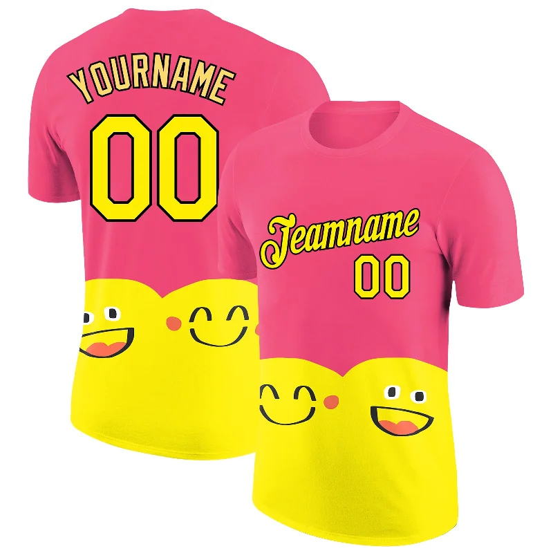 Cute Cartoon T-Shirt for Fun Fashion-Custom Neon Pink Light Yellow-Black 3D Pattern Design Smile Emoji Performance T-Shirt