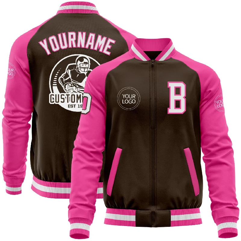 Classic Double-Breasted Jacket for Sophisticated Style-Custom Brown White-Pink Bomber Varsity Letterman Two Tone Zipper Jacket