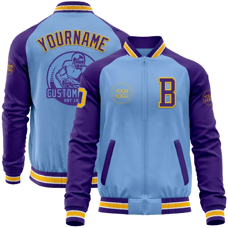 Cozy Knit Jacket for Relaxed Days-Custom Light Blue Gold-Purple Bomber Varsity Letterman Two Tone Zipper Jacket