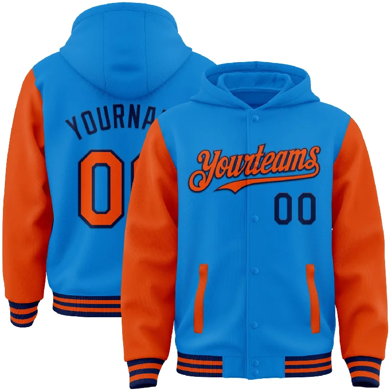 Colorful Hoodie for Vibrant Looks-Custom Powder Blue Orange-Navy Bomber Full-Snap Varsity Letterman Two Tone Hoodie Jacket