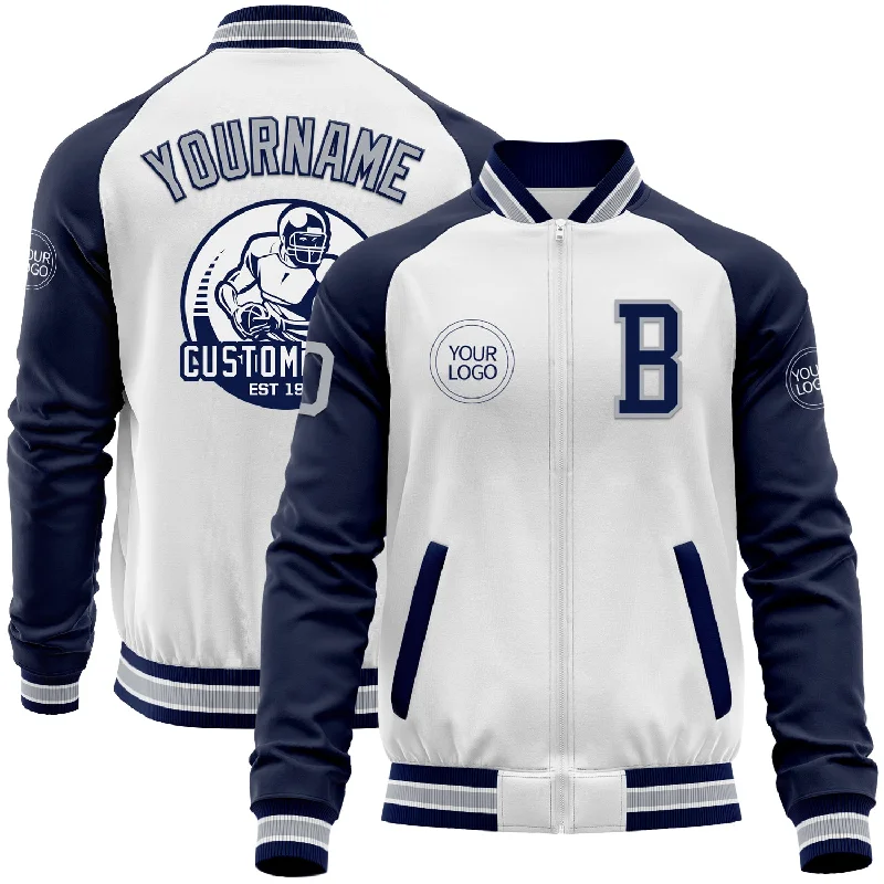 Trendy Denim Bomber Jacket for Fashion Lovers-Custom White Gray-Navy Bomber Varsity Letterman Two Tone Zipper Jacket