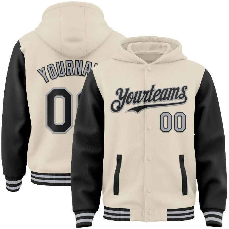 Trendy Hoodie for Athleisure Looks-Custom Cream Black-Gray Bomber Full-Snap Varsity Letterman Two Tone Hoodie Jacket