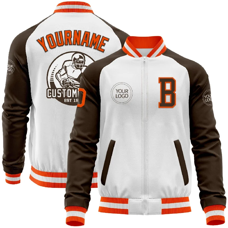 Classic Wool-Blend Jacket for Cold Weather-Custom White Orange-Brown Bomber Varsity Letterman Two Tone Zipper Jacket