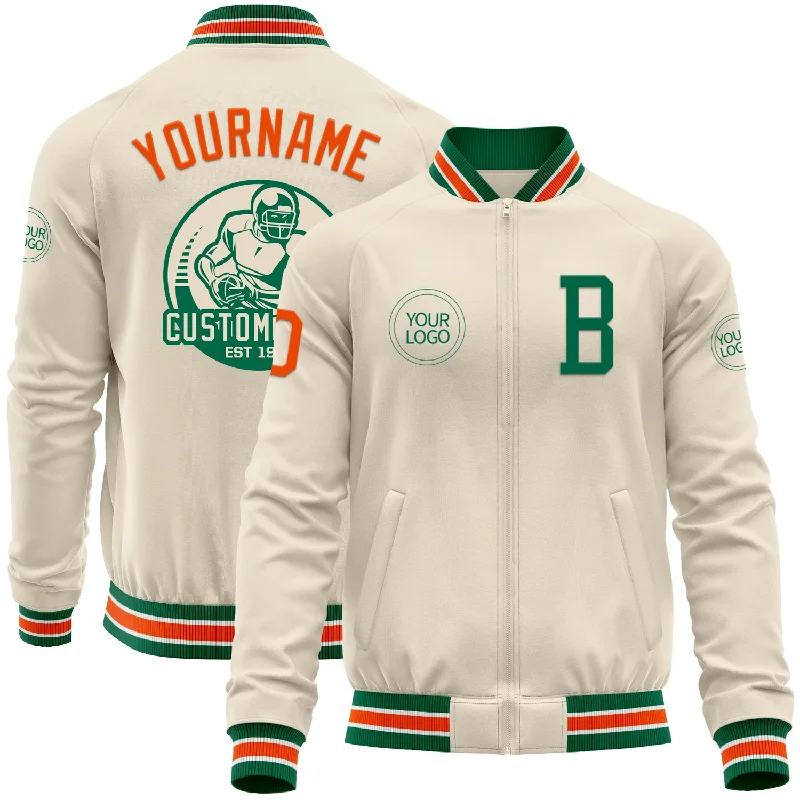 Casual Bomber Jacket for Street Style-Custom Cream Orange Kelly Green-White Bomber Varsity Letterman Zipper Jacket