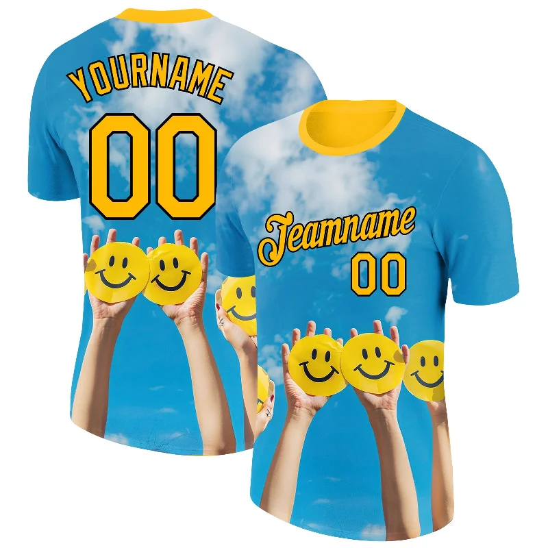 Lightweight Custom T-Shirt for Printing-Custom Sky Blue Gold-Black 3D Pattern Design Smile Emoji Performance T-Shirt