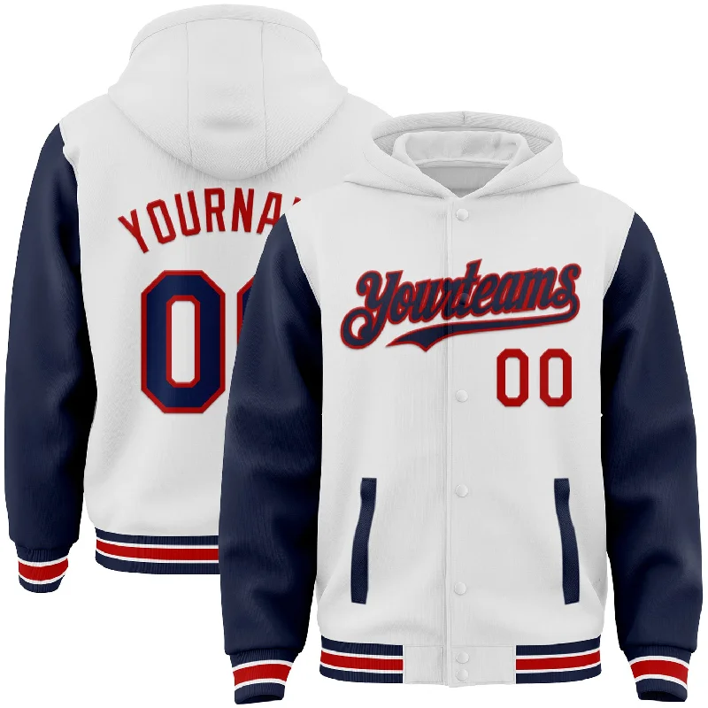 Classic Hoodie with Large Pocket for Convenience-Custom White Navy-Red Bomber Full-Snap Varsity Letterman Two Tone Hoodie Jacket