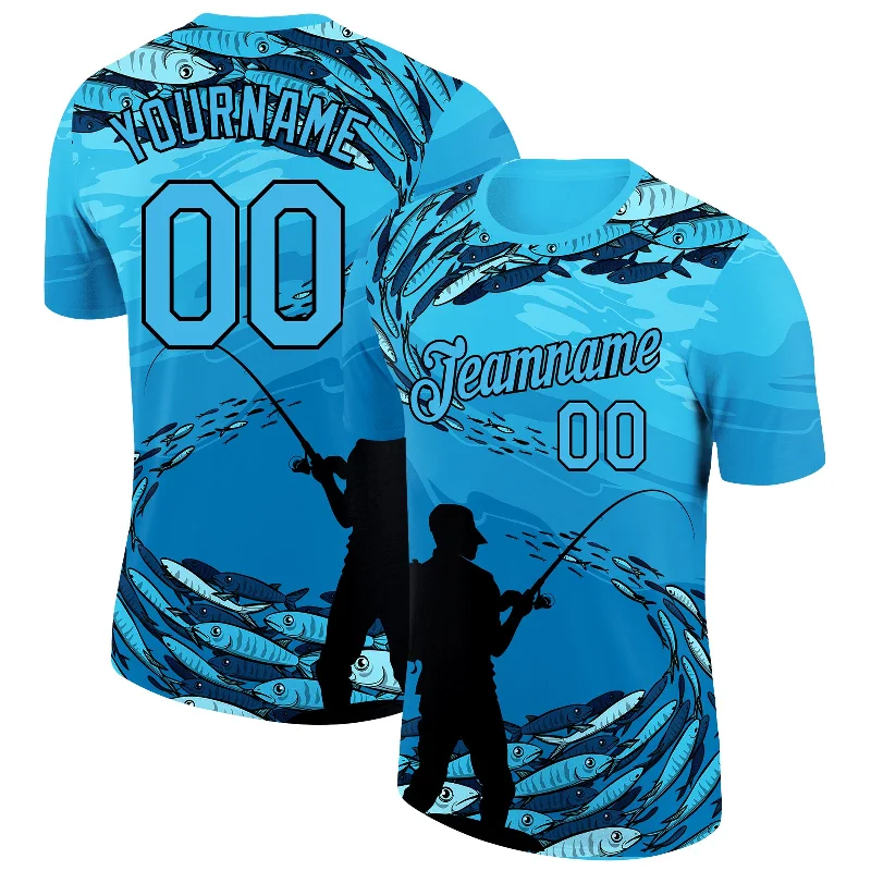 Cool Skateboard T-Shirt for Street Style-Custom Sky Blue Black 3D Pattern Design Fishing Performance T-Shirt