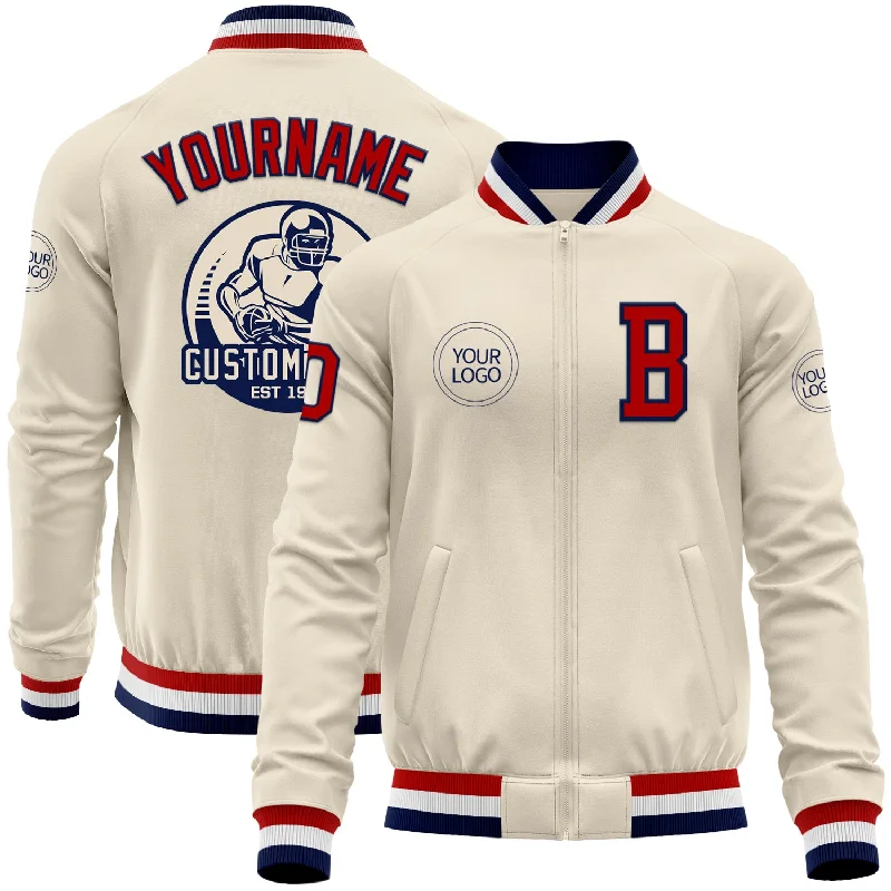 Lightweight Sports Jacket for Outdoor Activities-Custom Cream Red Navy-White Bomber Varsity Letterman Zipper Jacket