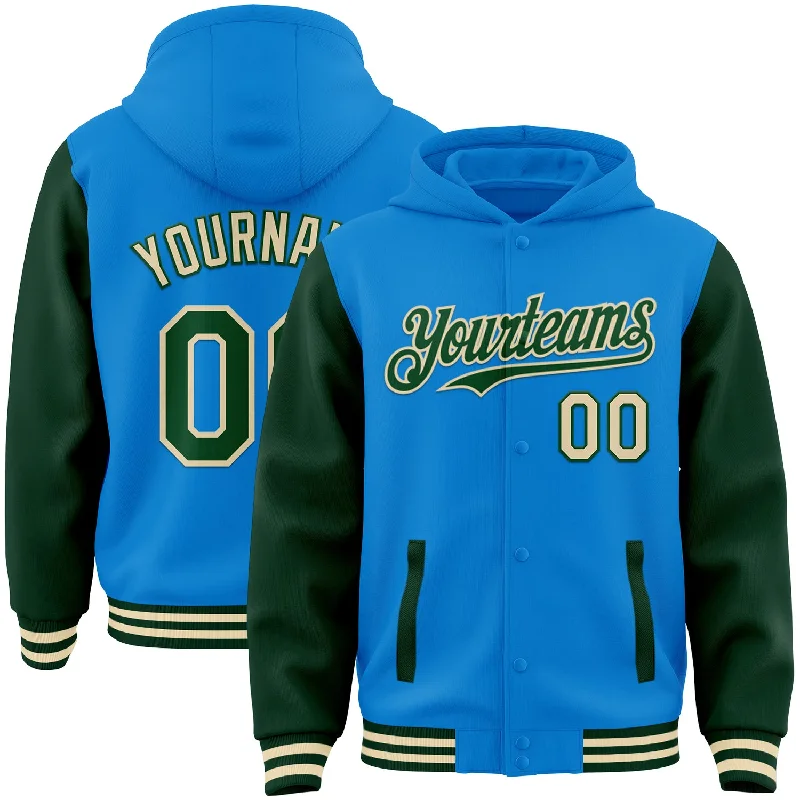 Soft Fleece Hoodie for Ultimate Comfort-Custom Powder Blue Green-Cream Bomber Full-Snap Varsity Letterman Two Tone Hoodie Jacket