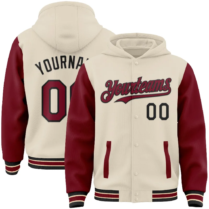 Hoodie with Printed Logo for Sports Fans-Custom Cream Crimson Black-City Cream Bomber Full-Snap Varsity Letterman Two Tone Hoodie Jacket