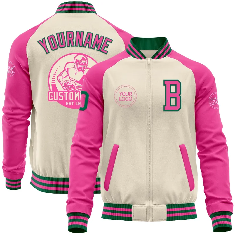 Custom Cream Kelly Green-Pink Bomber Varsity Letterman Two Tone Zipper Jacket