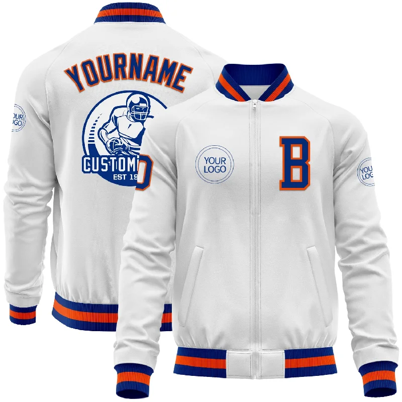 Trendy Parka Jacket for Cold Seasons-Custom White Royal-Orange Bomber Varsity Letterman Zipper Jacket