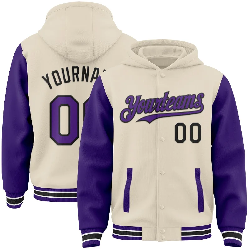 Warm Hoodie for Layering in Winter Weather-Custom Cream Purple Black-White Bomber Full-Snap Varsity Letterman Two Tone Hoodie Jacket