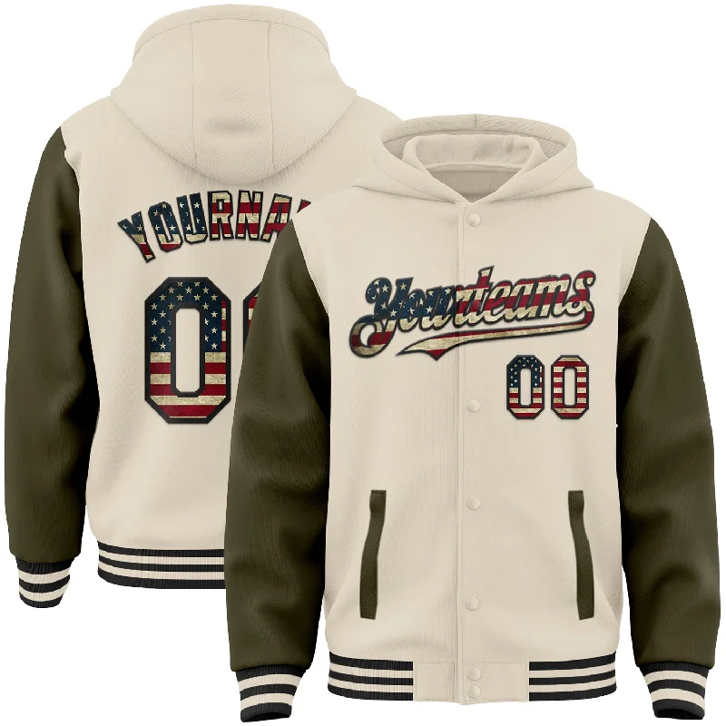 Comfortable Hoodie for Relaxing Days-Custom Cream Vintage USA Flag Olive-Black Bomber Full-Snap Varsity Letterman Two Tone Hoodie Jacket