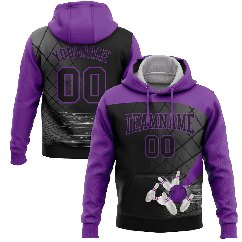 Comfortable Hoodie for Traveling in Style-Custom Stitched Black Purple 3D Bowling Sports Pullover Sweatshirt Hoodie