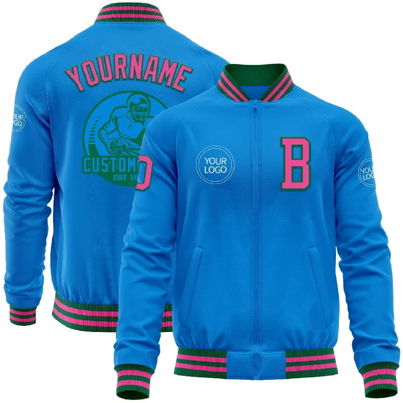 Light Down Jacket for Winter Sports Activities-Custom Powder Blue Pink-Kelly Green Bomber Varsity Letterman Zipper Jacket