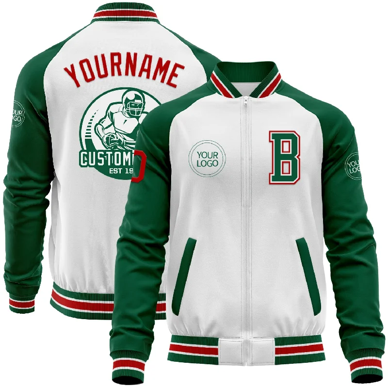 Versatile Outdoor Jacket for All-Weather Wear-Custom White Red-Kelly Green Bomber Varsity Letterman Two Tone Zipper Jacket