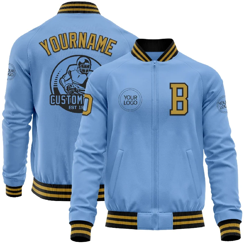 Lightweight Windbreaker Jacket for Active Days-Custom Light Blue Old Gold-Black Bomber Varsity Letterman Zipper Jacket