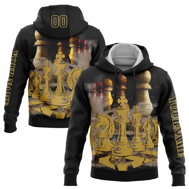 Classic Hoodie with Drawstring for Adjustable Fit-Custom Stitched Black Old Gold 3D Chess International Chess Day Sports Pullover Sweatshirt Hoodie