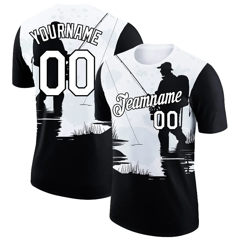 Activewear T-Shirt for Outdoor Adventures-Custom White Black 3D Pattern Design Fishing Performance T-Shirt