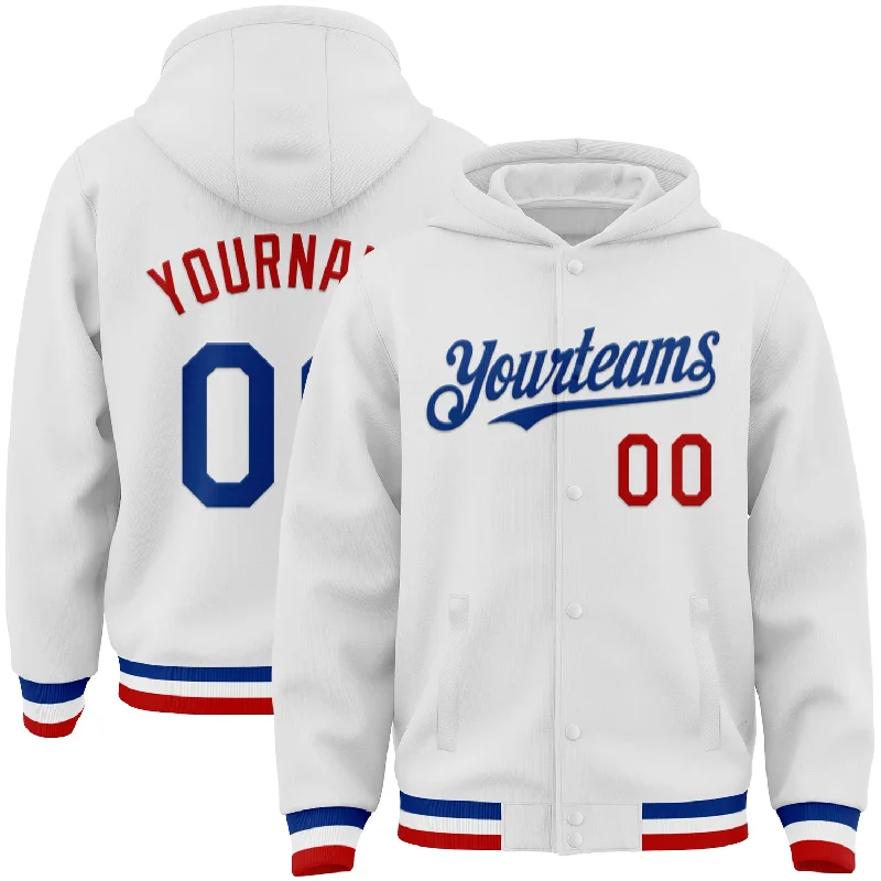 Sporty Hoodie for Active Lifestyles-Custom White Royal-Red Bomber Full-Snap Varsity Letterman Hoodie Jacket