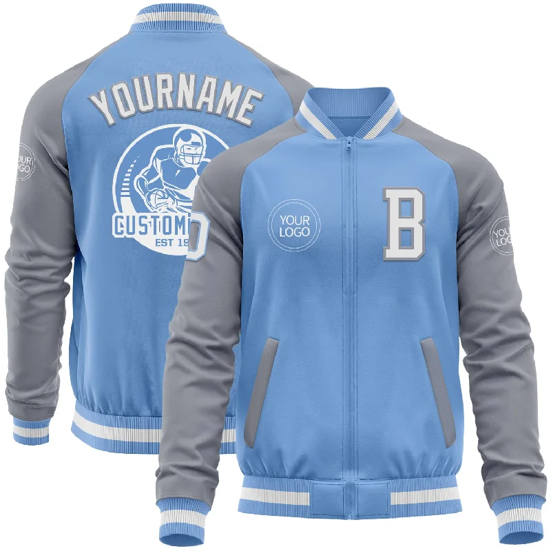 Trendy Bomber Jacket with Patches for Unique Look-Custom Light Blue White-Gray Bomber Varsity Letterman Two Tone Zipper Jacket