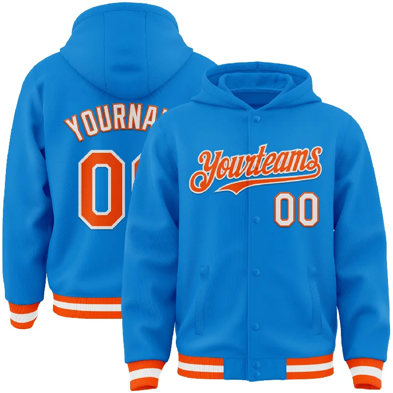 Trendy Hoodie for Athleisure Looks-Custom Powder Blue Orange-White Bomber Full-Snap Varsity Letterman Hoodie Jacket