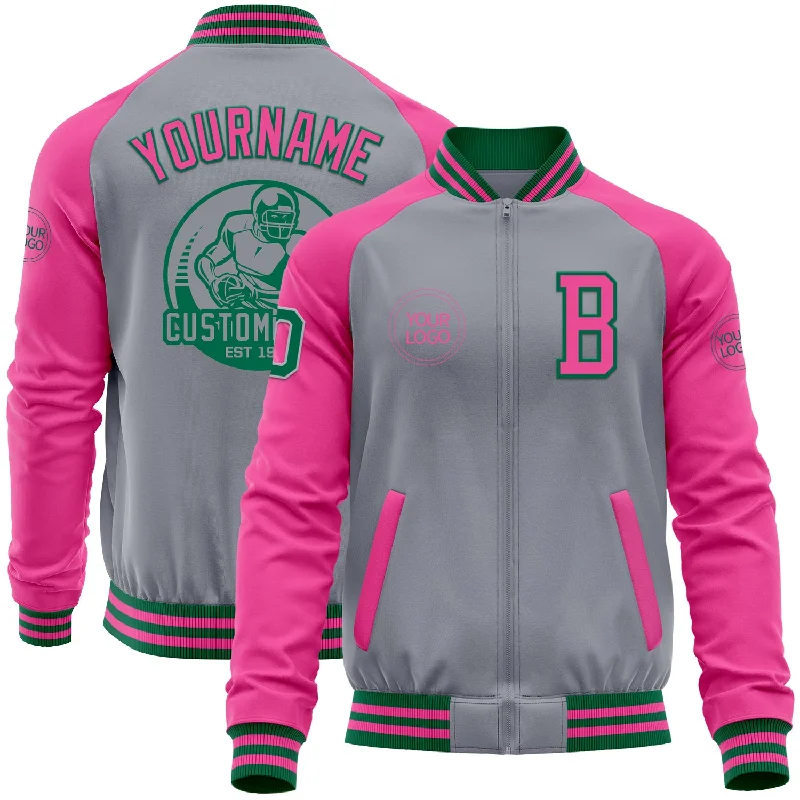 Wind-Resistant Jacket for Active Lifestyles-Custom Gray Kelly Green-Pink Bomber Varsity Letterman Two Tone Zipper Jacket