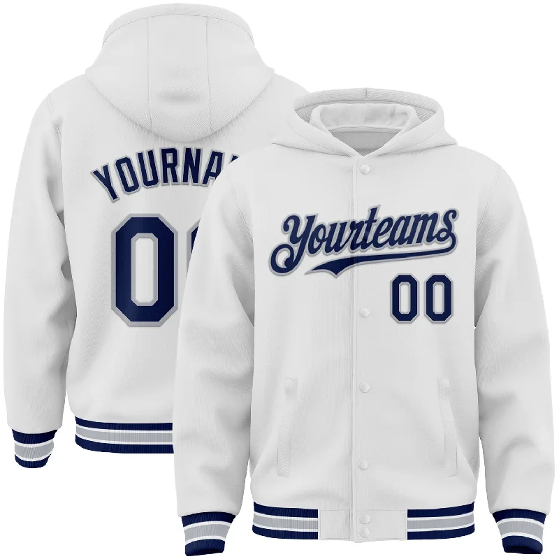 Warm Hoodie for Outdoor Adventures-Custom White Navy-Gray Bomber Full-Snap Varsity Letterman Hoodie Jacket