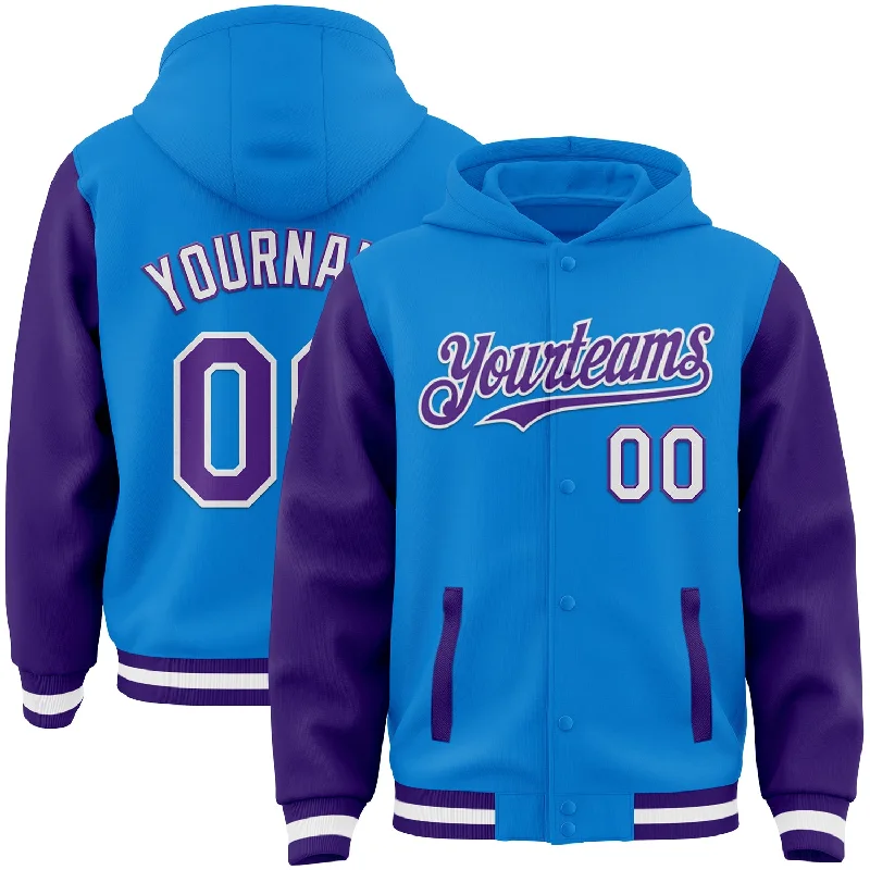 Stylish Hoodie for Urban Fashion-Custom Powder Blue Purple-White Bomber Full-Snap Varsity Letterman Two Tone Hoodie Jacket