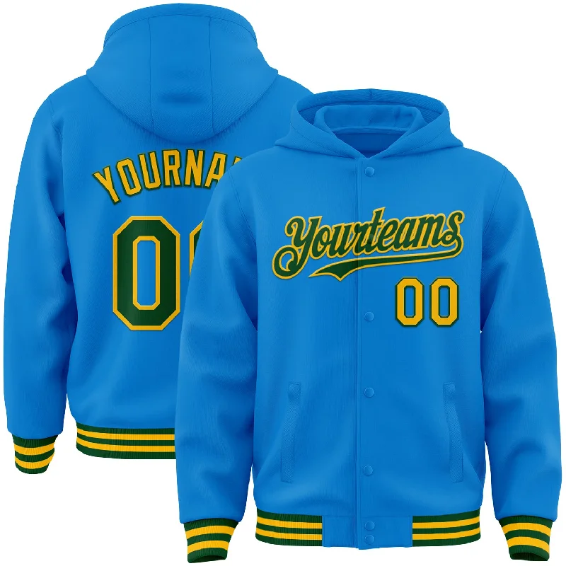 Soft Cotton Hoodie for Comfort All Day-Custom Powder Blue Green-Gold Bomber Full-Snap Varsity Letterman Hoodie Jacket