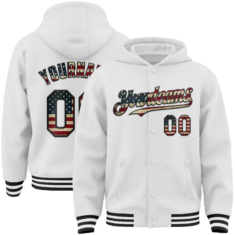 Soft Hoodie for Relaxing Weekends-Custom White Vintage USA Flag-Black Bomber Full-Snap Varsity Letterman Hoodie Jacket