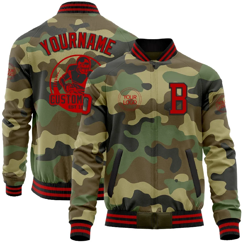 Stylish Tech Jacket for Active Lifestyles-Custom Camo Red-Black Bomber Varsity Letterman Salute To Service Zipper Jacket