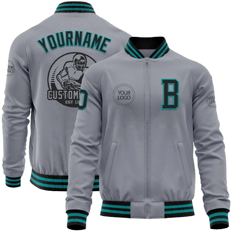 Stylish Leather Jacket for Trendy Look-Custom Gray Black-Teal Bomber Varsity Letterman Zipper Jacket