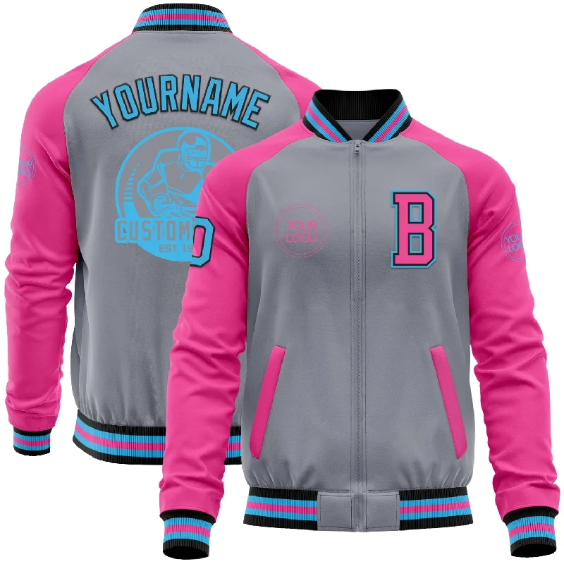 Warm Fleece-Lined Jacket for Winter Comfort-Custom Gray Sky Blue Black-Pink Bomber Varsity Letterman Two Tone Zipper Jacket