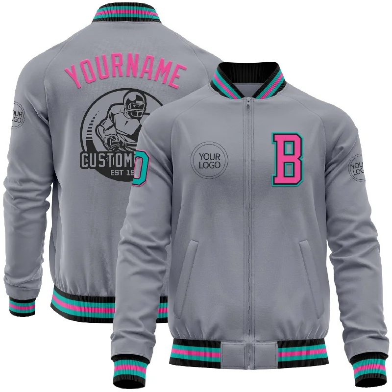 Premium Snow Jacket for Skiing and Snowboarding-Custom Gray Aqua Black-Pink Bomber Varsity Letterman Zipper Jacket