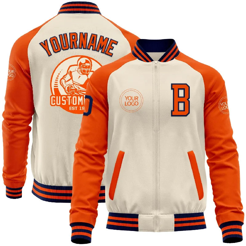 Casual Bomber Jacket for Street Style-Custom Cream Navy-Orange Bomber Varsity Letterman Two Tone Zipper Jacket