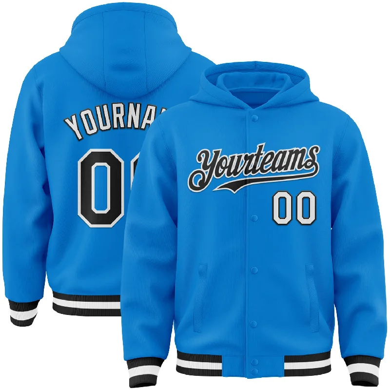 Customizable Hoodie for Personalized Style-Custom Powder Blue Black-White Bomber Full-Snap Varsity Letterman Hoodie Jacket