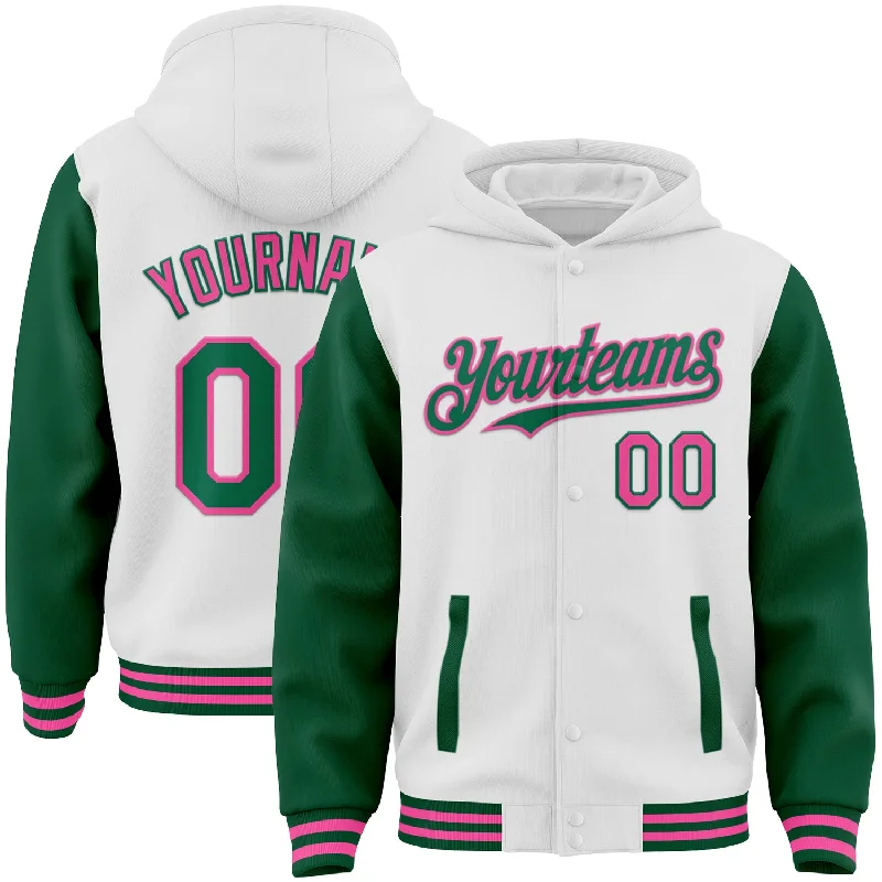 Sporty Hoodie for Jogging and Running-Custom White Kelly Green-Pink Bomber Full-Snap Varsity Letterman Two Tone Hoodie Jacket