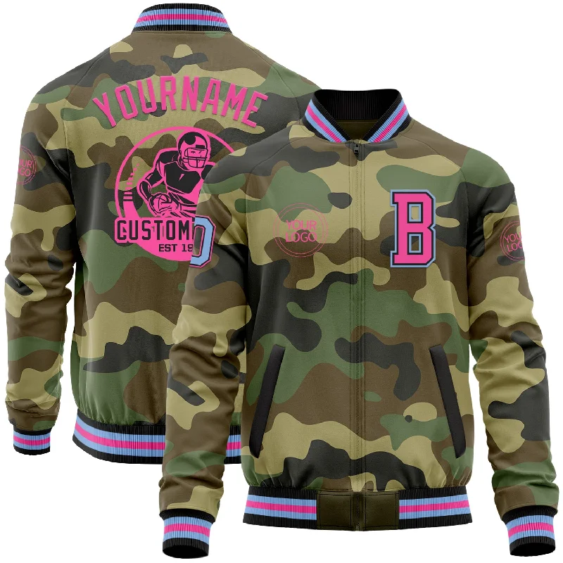 Slim-Fit Cotton Jacket for Easy Layering-Custom Camo Light Blue Black-Pink Bomber Varsity Letterman Salute To Service Zipper Jacket