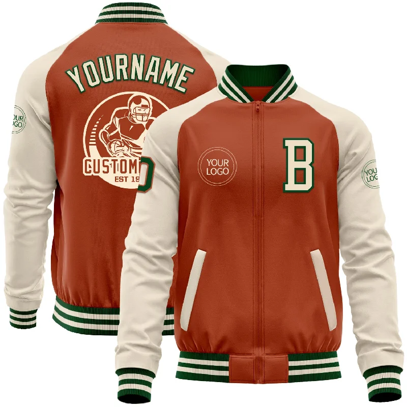 Sporty Zip-Up Athletic Jacket for Training-Custom Texas Orange Green-Cream Bomber Varsity Letterman Two Tone Zipper Jacket