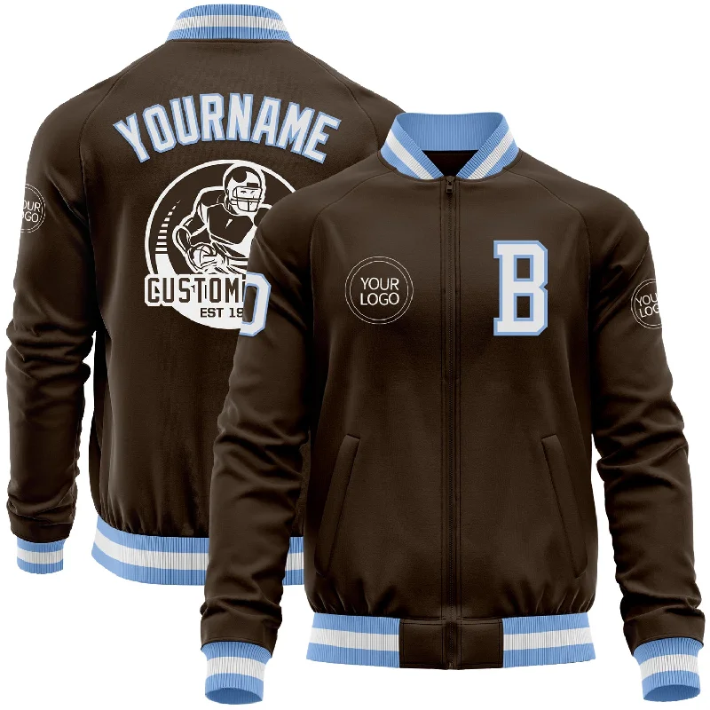 Chic Double-Breasted Wool Jacket for Elegance-Custom Brown White-Light Blue Bomber Varsity Letterman Zipper Jacket