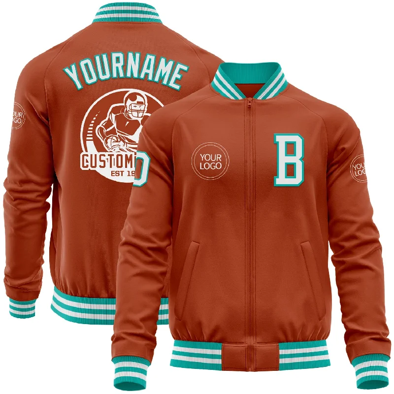 Light Zip Jacket for Spring and Fall-Custom Texas Orange White-Aqua Bomber Varsity Letterman Zipper Jacket