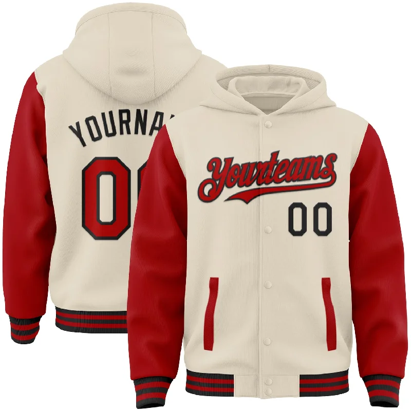 Trendy Oversized Hoodie for Street Style-Custom Cream Red-Black Bomber Full-Snap Varsity Letterman Two Tone Hoodie Jacket