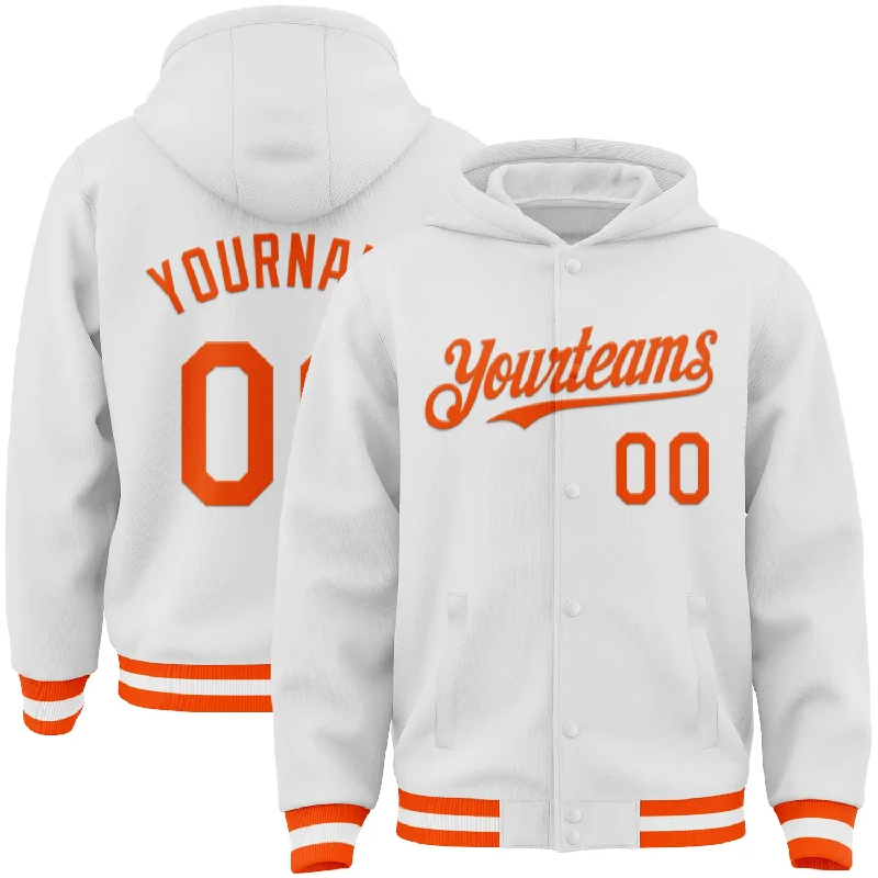 Athletic Hoodie for Training and Running-Custom White Orange Bomber Full-Snap Varsity Letterman Hoodie Jacket