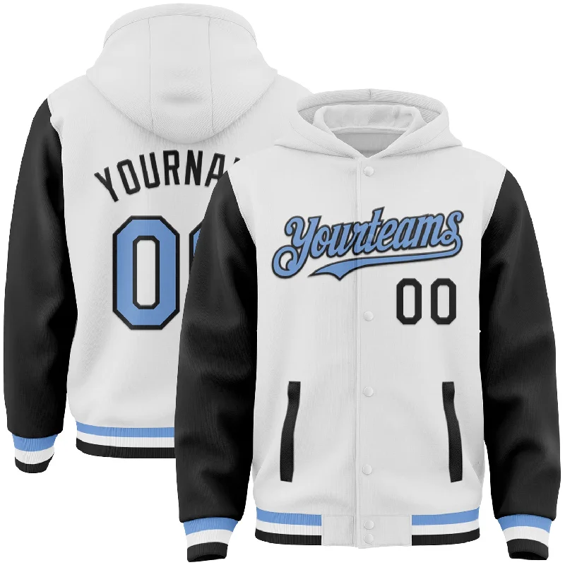 Warm Hoodie for Layering in Winter Weather-Custom White Light Blue-Black Bomber Full-Snap Varsity Letterman Two Tone Hoodie Jacket