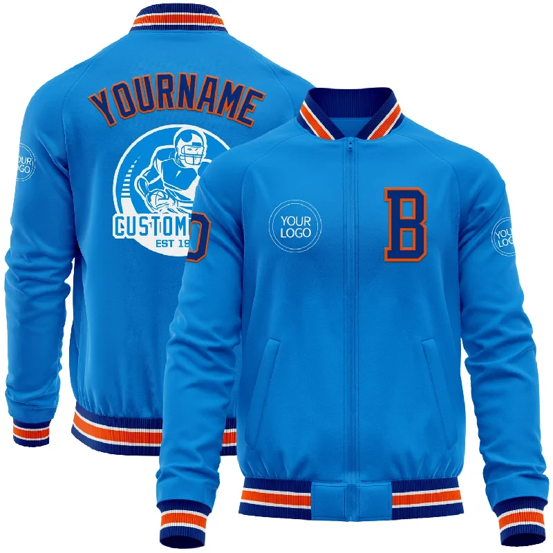 Comfortable Sports Jacket for Gym Wear-Custom Powder Blue Royal-Orange Bomber Varsity Letterman Zipper Jacket