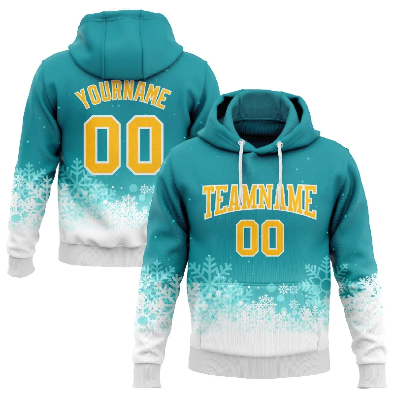 Comfortable Hoodie for Relaxing Days-Custom Stitched Teal Gold-White Christmas Snowflakes 3D Sports Pullover Sweatshirt Hoodie