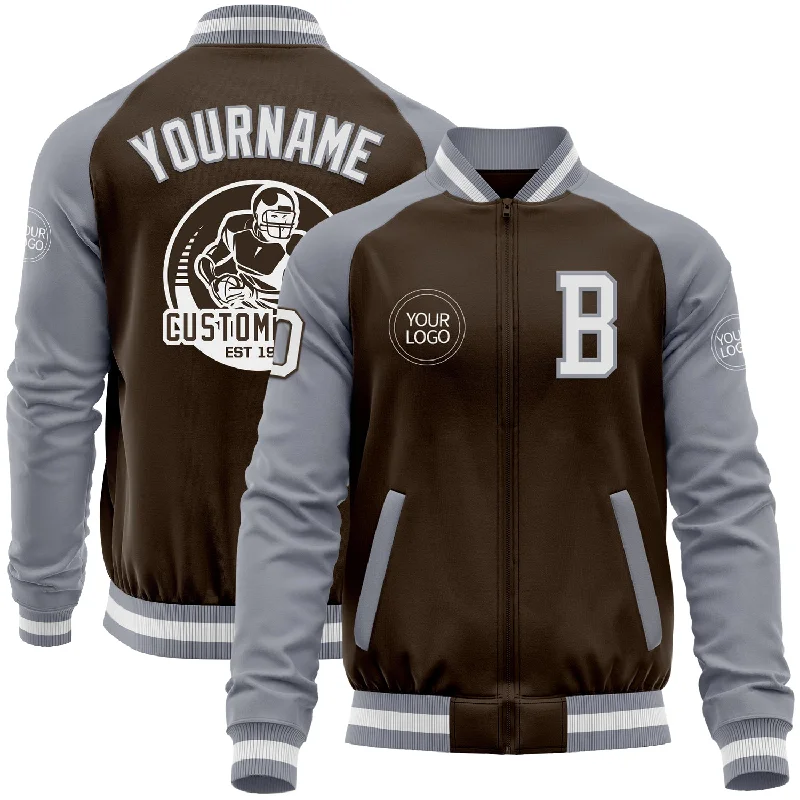 Sporty Baseball Jacket for Casual Outfits-Custom Brown White-Gray Bomber Varsity Letterman Two Tone Zipper Jacket